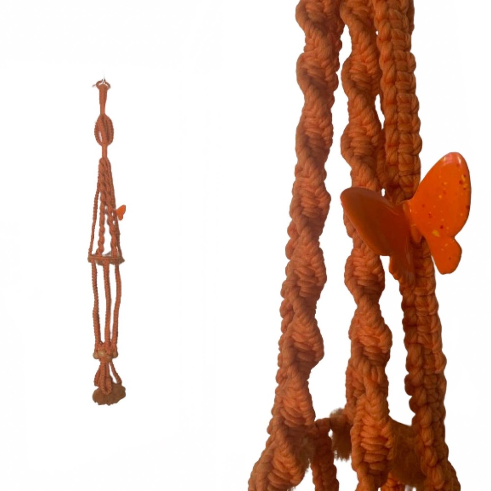 Orange Macrame Double Plant Hanger // Mid Century 1970s Boho Hippie Home